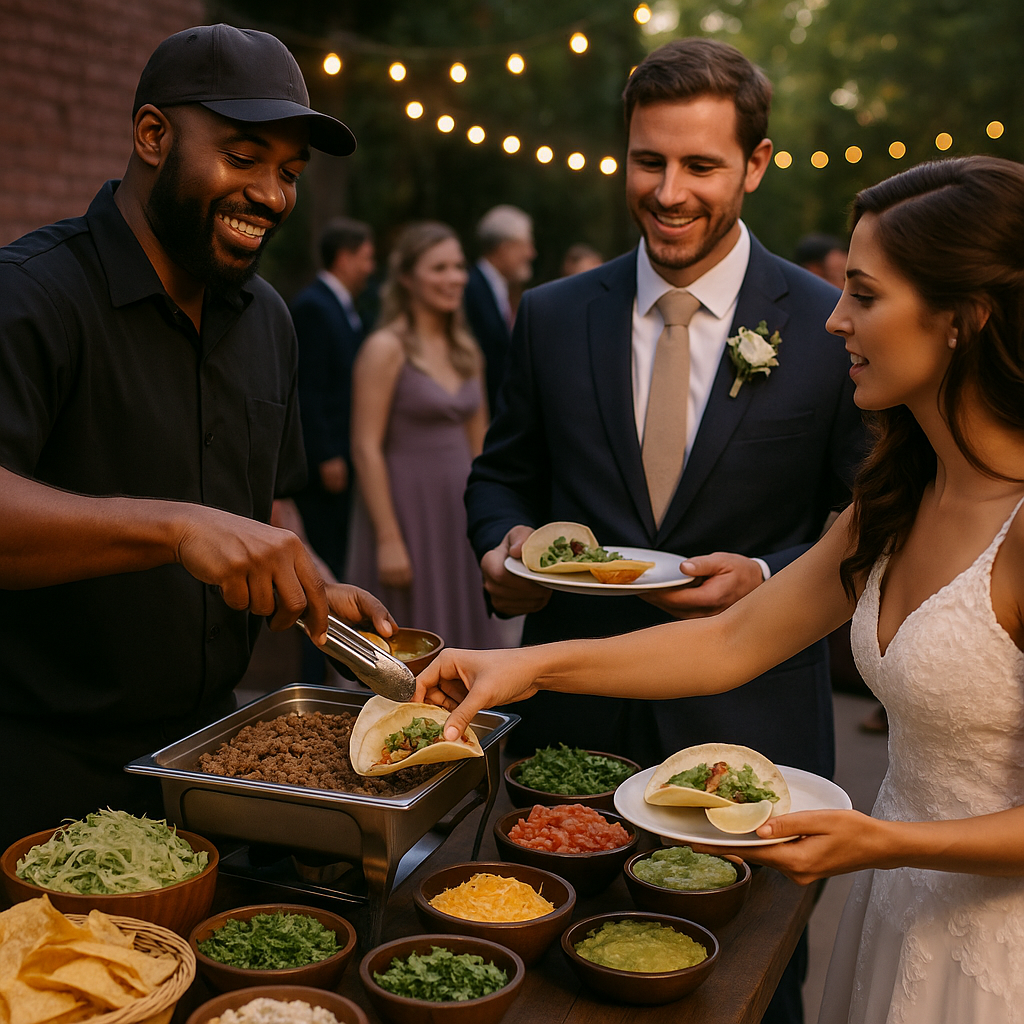 Bride and groom enjoying taco catering at a wedding