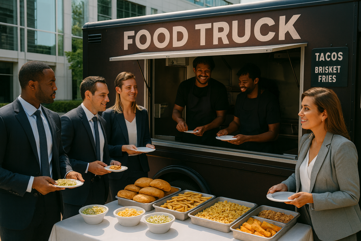 Corporate team being served brisket, pulled pork and sides from a Sacramento BBQ food truck