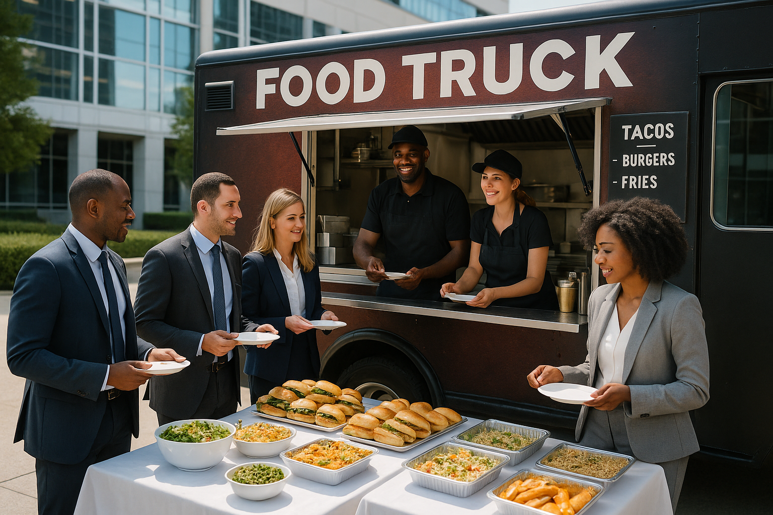 Corporate team enjoying tacos from a Sacramento food truck at lunch